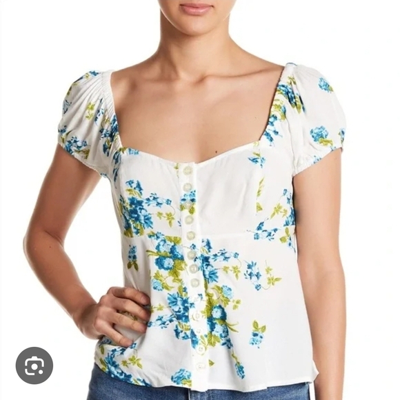 Free People White Floral Blouse with Blue and Green Accents Sz Small Gentle Used - Picture 1 of 10
